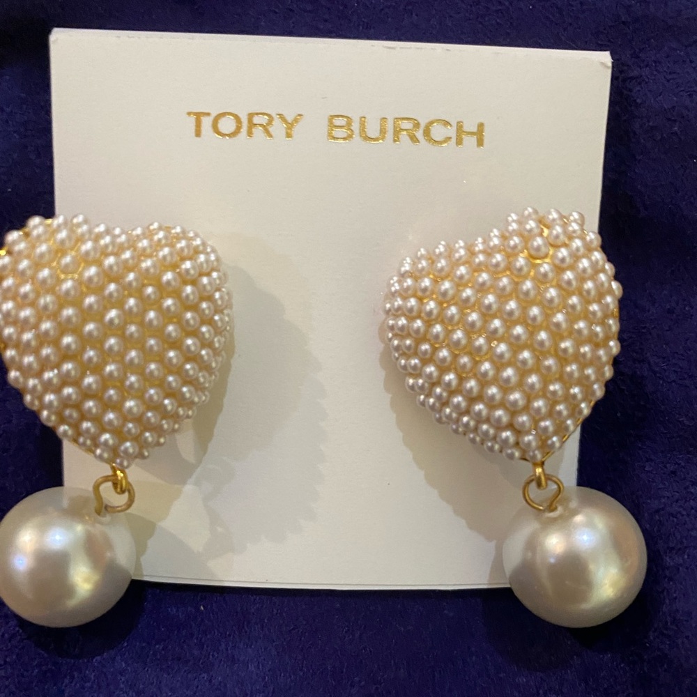 Tory Burch studded heart pearl drop earrings Brand new